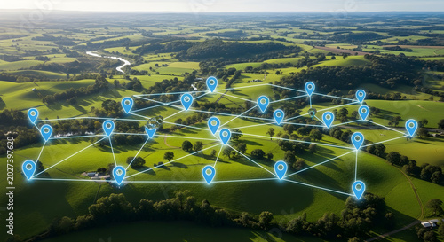 Aerial view of a rural landscape with a connected digital network of location pins representing smart farming and precision agriculture