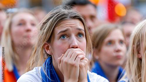 Anxious female sports fan watching match with worried expression, emotional tension and anticipation during outdoor crowd event