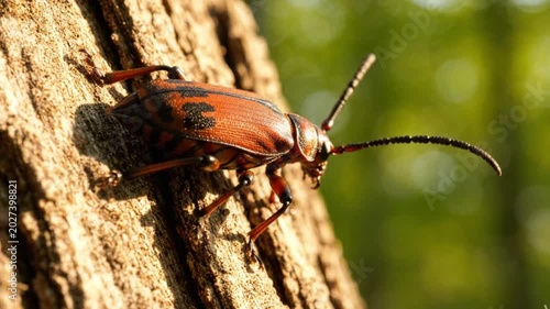 Macro shot of a longhorn beetle (Cerambycidae) sitting on a rough tree trunk bark, close up of a shiny brown beetle with long antennae in wild nature at sunset.