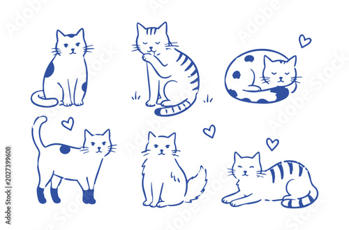 Cat Set in Naive Blue Sketch Pattern Vector Style. Cute Hand Drawn Feline Doodle Collection