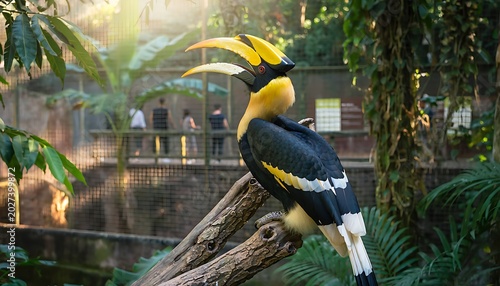 Great Hornbill perched on a tree branch in a lush tropical forest environment.