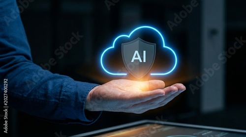 Cloud computing security icon floats above a human hand to represent advanced artificial intelligence protection systems.