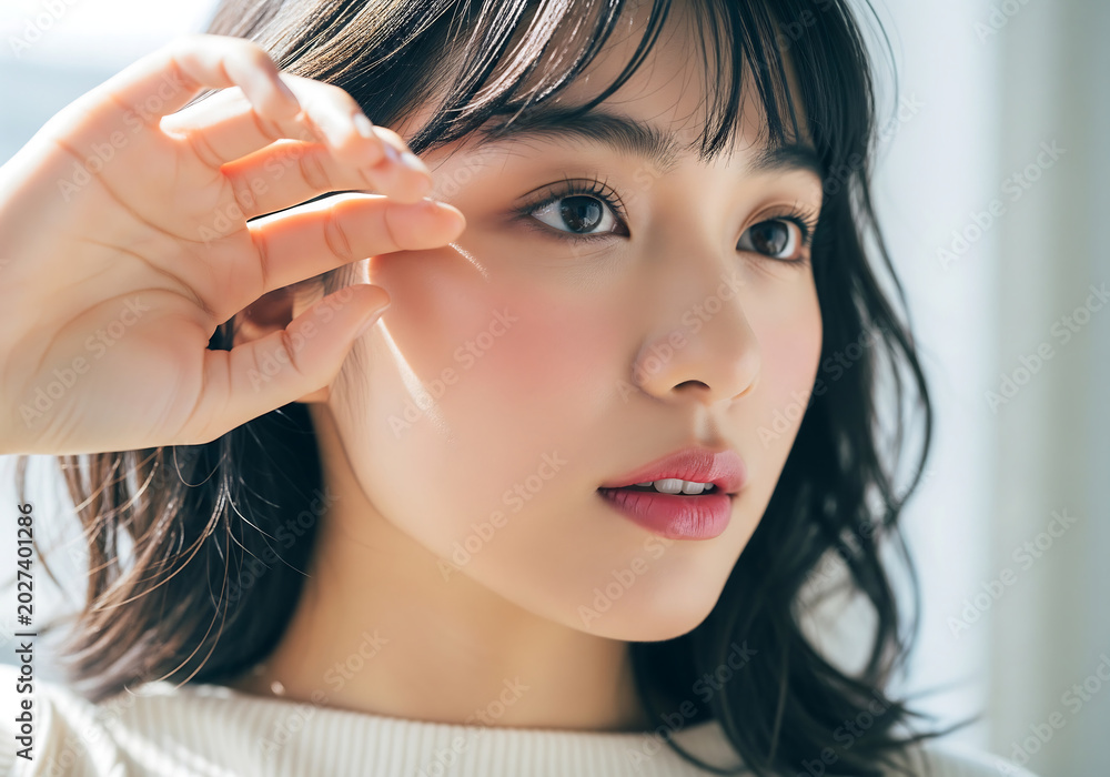 Fototapeta premium Woman applying skincare product close up showing glowing skin under soft natural lighting for beauty routine inspiration