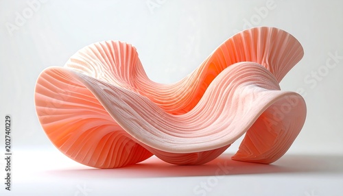 Translucent Coral Abstract Sculpture Curving on Minimal White Studio Surface