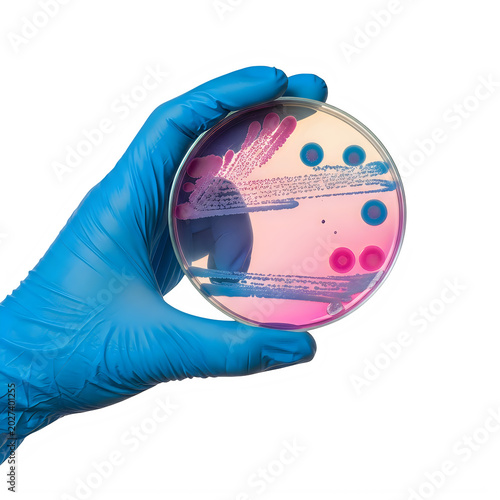Scientist holding a petri dish with colorful bacteria colonies for medical research in a laboratory