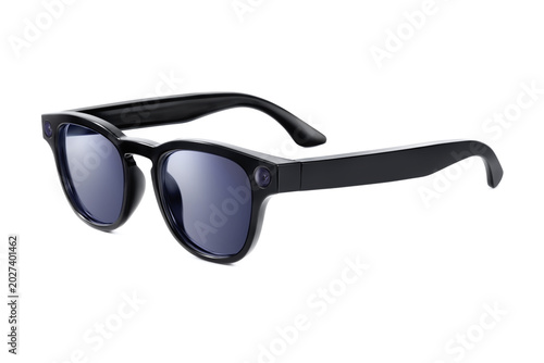 Bild auf Leinwand Three quarter view of modern black smart sunglasses with blue lenses and integra