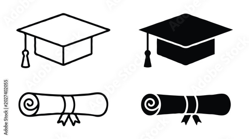 Mortarboard cap and degree certificate icons isolated on white background