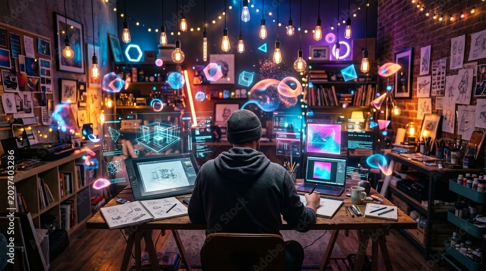 Obraz premium Creative workspace with designer working on digital art surrounded by colorful graphics and technology