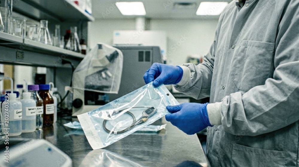 Naklejka premium Medium shot of a worker peeling open a sterile medical pouch containing a sensor demonstrating the easyopen feature in a controlled lab setting.