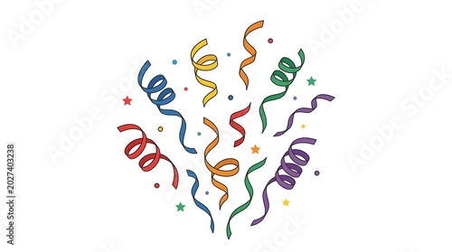 Colorful party streamers and confetti stars floating on a white background for festive celebration event decoration