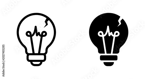 Photos Broken Light Bulb Icon Set, Cracked Idea Symbol, Failure Concept, Black and Whit