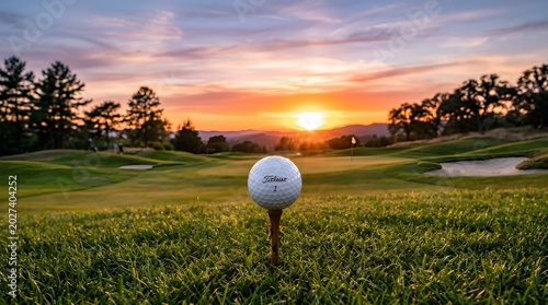 A serene golf course at sunset with a golf ball on a tee in the foreground on lush green grass with trees and sand traps