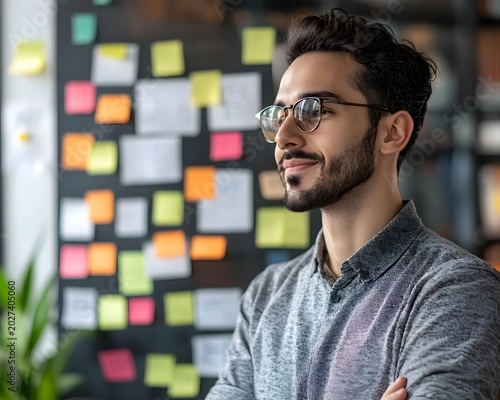 A thoughtful young man with glasses stands confidently in a creative workspace, surrounded by colorful sticky notes that highlight planning and brainstorming activities.