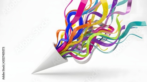 White cone erupting with a burst of glossy multi colored ribbons and streamers isolated on a plain white background