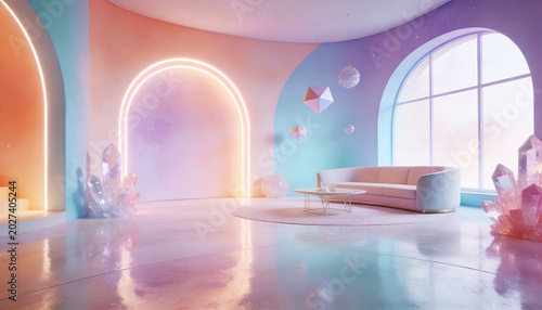 Futuristic Pastel Living Room with Large Circular Window, Glowing Neon Arch, and Iridescent Crystal Clusters