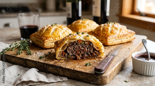 Homemade Beef Wellington Individual Pastry Parcels on Wooden Board.