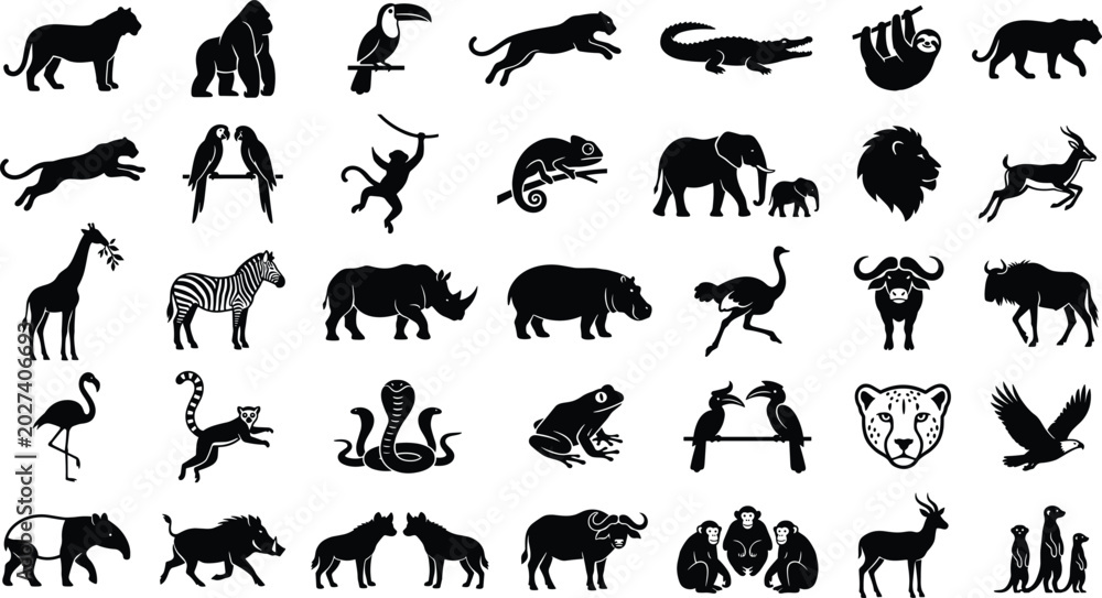 Obraz premium Collection of black silhouette illustrations of diverse animals including tiger, gorilla, toucan, crocodile, elephant, lion, giraffe, and zebra