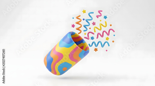 3d render of a cylindrical party popper with wavy colorful patterns releasing ribbons and stars on white background