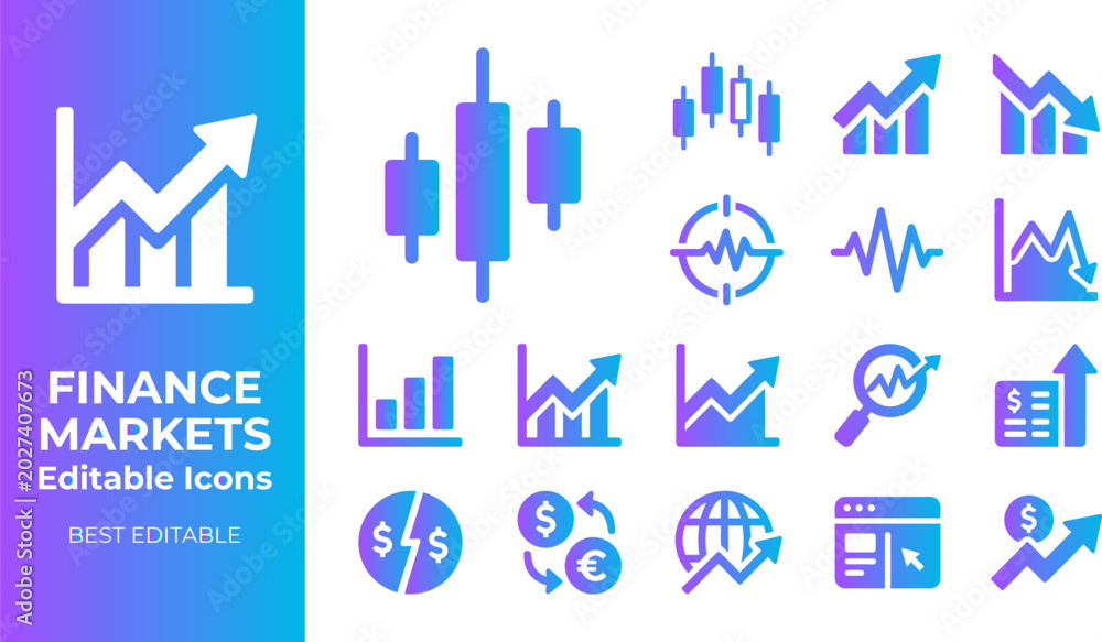 Fototapeta premium Finance market icons pack showing growth charts stock exchange trading candlesticks and currency exchange symbols.