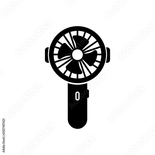 A simple black graphic depicts a handheld electric fan highlighting its modern design silhouette