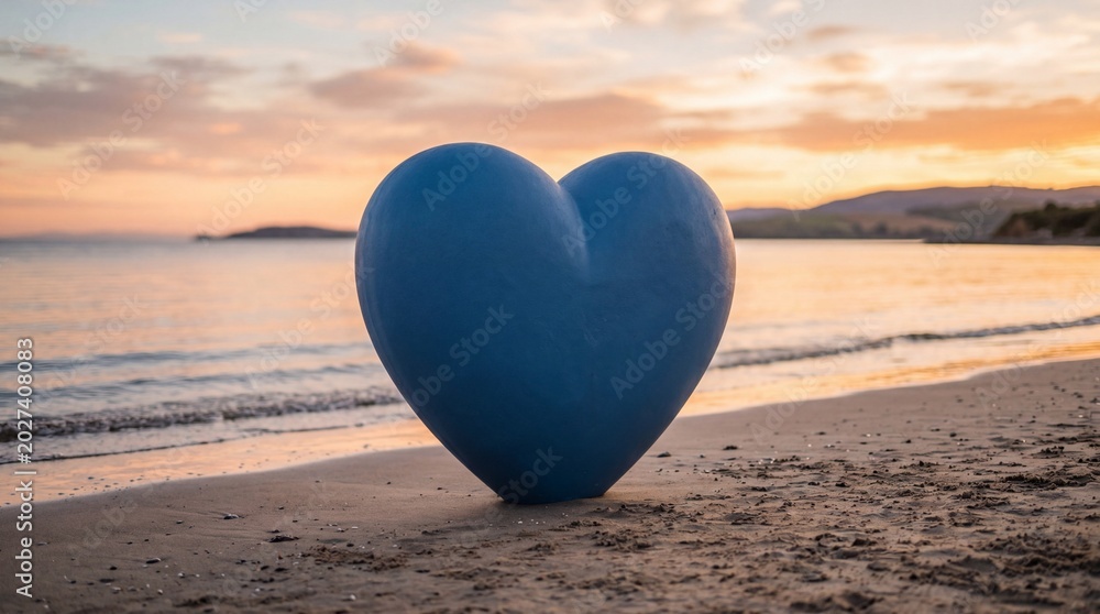 Fototapeta premium Bright blue heart sits on sandy beach during sunset by the sea