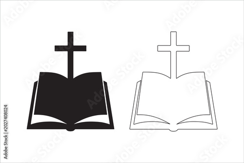 Sacred religious symbols of open bible with cross, black and white line icons