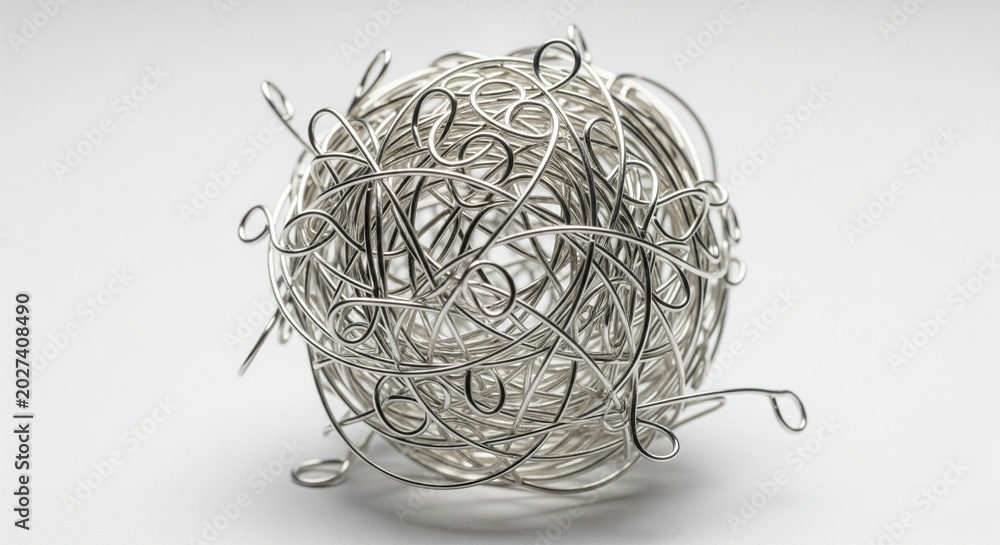 Obraz premium A chaotic, messy sphere made of tangled curly silver metal wires and shavings, resembling a metallic scrub or wire nest