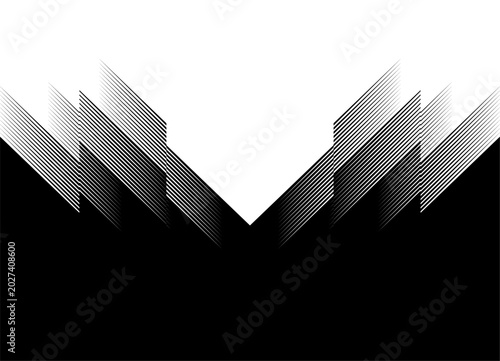 Smooth vector transition from black to white with broken striped shapes. Abstract arrow. Pointer. Pattern. Design element for covers, advertising, packaging, labels. Symmetrical Vector background with