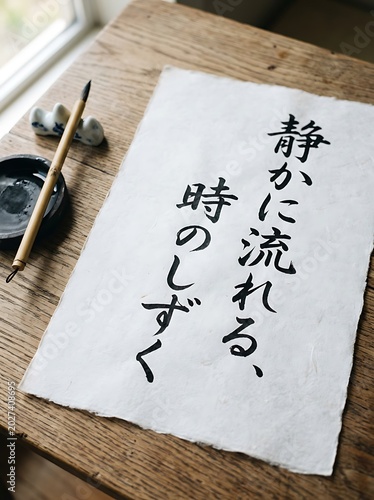 Japanese Calligraphy Shodo Brush Writing on Washi Paper.
