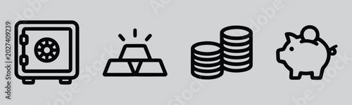 Foto Financial savings icons including safe gold bar coins and piggy bank