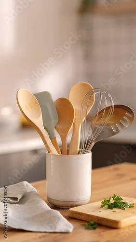Kitchen Utensil Holder with Wooden Spoons and Tools on Countertop.