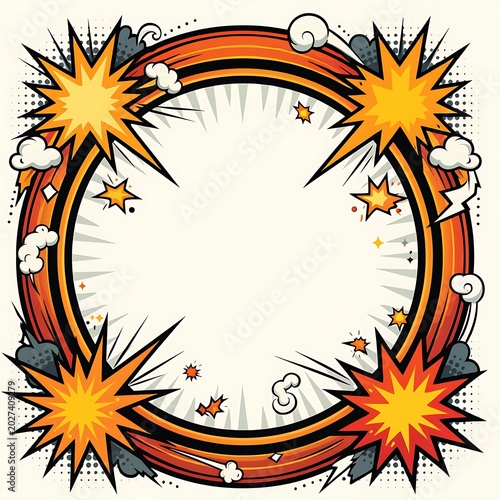Comic Book Style Explosive Circular Frame Border Illustration.