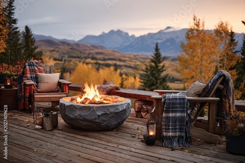 Mountain ridge patio in autumn with a crackling firepit and warm seating