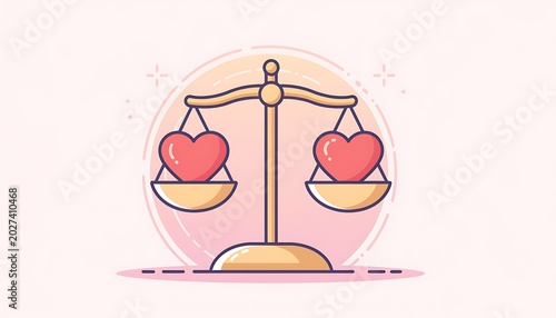 Conceptual illustration of love balance with heart icons on a scale.