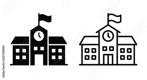 school building icons with clock tower black and white