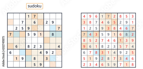 Obraz na plátne Completed and incomplete Sudoku puzzles on a wooden background
