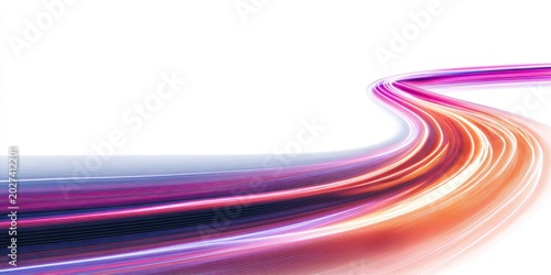 Swirling trails of magenta, pink, orange, and white light curve across a white background