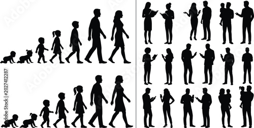 Photography Human life stages silhouettes showing growth from infancy to adulthood with soci