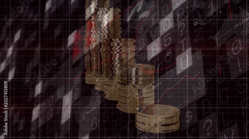 Grid activating, stacked gold coins shifting diagonally upward while chart sliding showing growth
