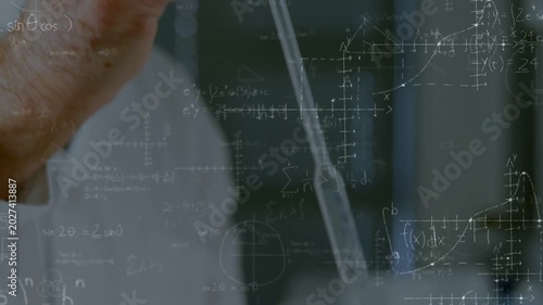 Lab scientist holding amber vial pipette entering drawing liquid tuning red dial with math overlay