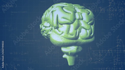 On play green 3D brain model rotating rightward tilting over chalkboard showing anatomy for study