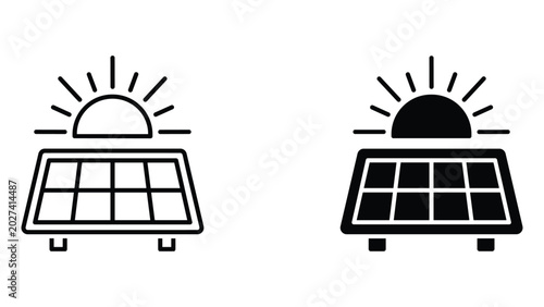 Solar panel icon with sunrise for renewable energy infrastructure