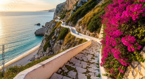 A scenic stone pathway winding along a steep cliffside next to the beautiful turquoise sea. Vivid pink bougainvillea flowers frame the right side under a warm sunset light.