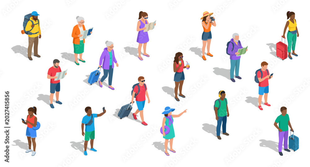 Fototapeta premium Isometric people tourists traveling with luggage and maps | Diverse group of cartoon passengers walking with suitcases and backpacks vector illustration