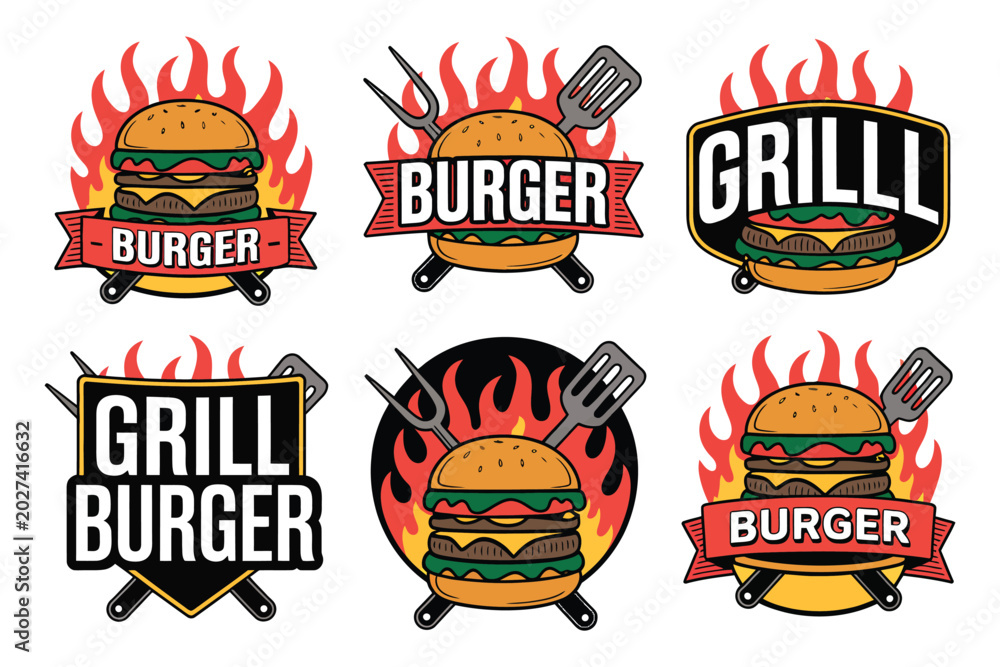 Naklejka premium grill burger badge collection with blazing flame elements and bold typography, strong restaurant branding identity for fast food menus signage and promotional design projects.