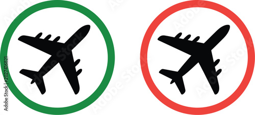 Photos Airplane takeoff, and landing icons, aircraft travel symbols representing aviation transportation flight departure and arrival concepts