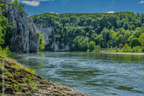 Die Donau fließt entlang der felsigen Klippen des beginnenden Donaudurchbruchs im Frühling mit grünen Bäumen und klarem Himmel