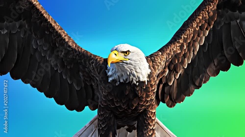 Majestic Bald Eagle Soaring Through Vibrant Blue and Green Sky.