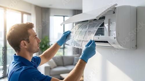 Technician cleaning dirty filter of wall mounted air conditioner. Professional maintenance service worker repairing climate control system. Indoor home improvement and house ventilation check.