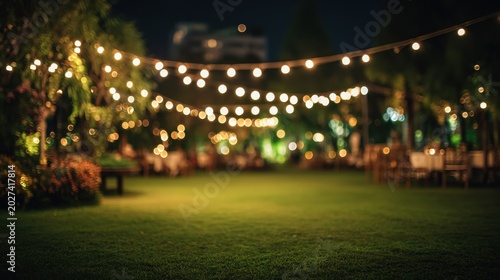 Outdoor lights overhead in a tranquil backyard with vibrant green bokeh and empty text area